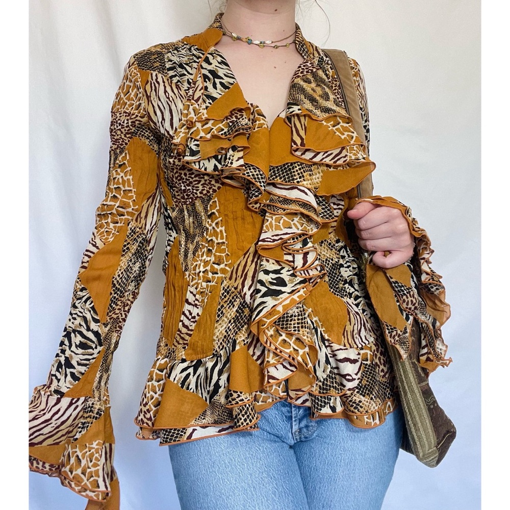 Kaelyn Max | 90s Orange Animal Print Frilly Ruffle Long-Sleeve Blouse